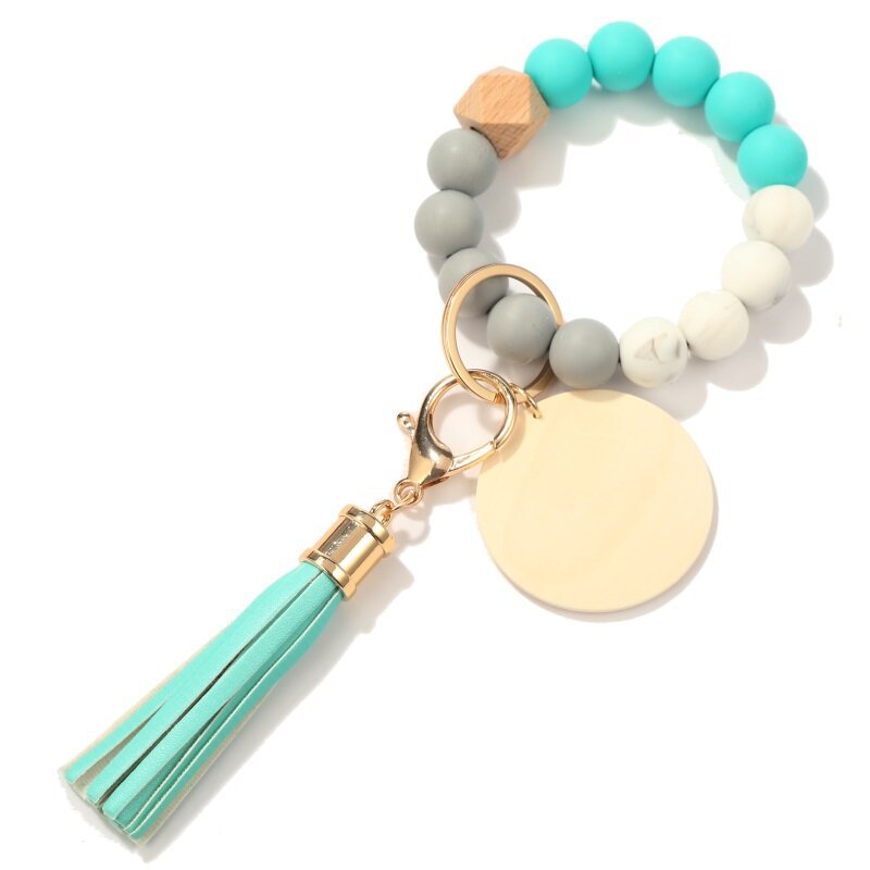 Silicone Bead Wood Tag Bracelet Key chain with Tassel image 1