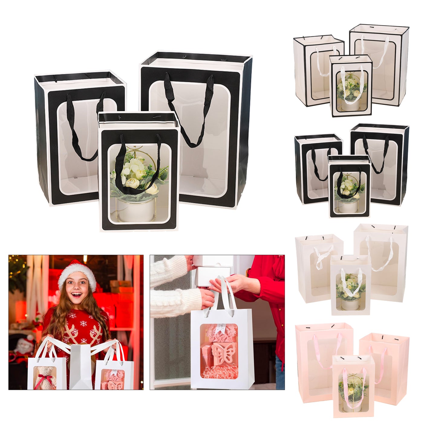 Creative Holiday Gift Bags with Transparent Window for Flowers and Toys, Thick Paper Carry Bags - Black