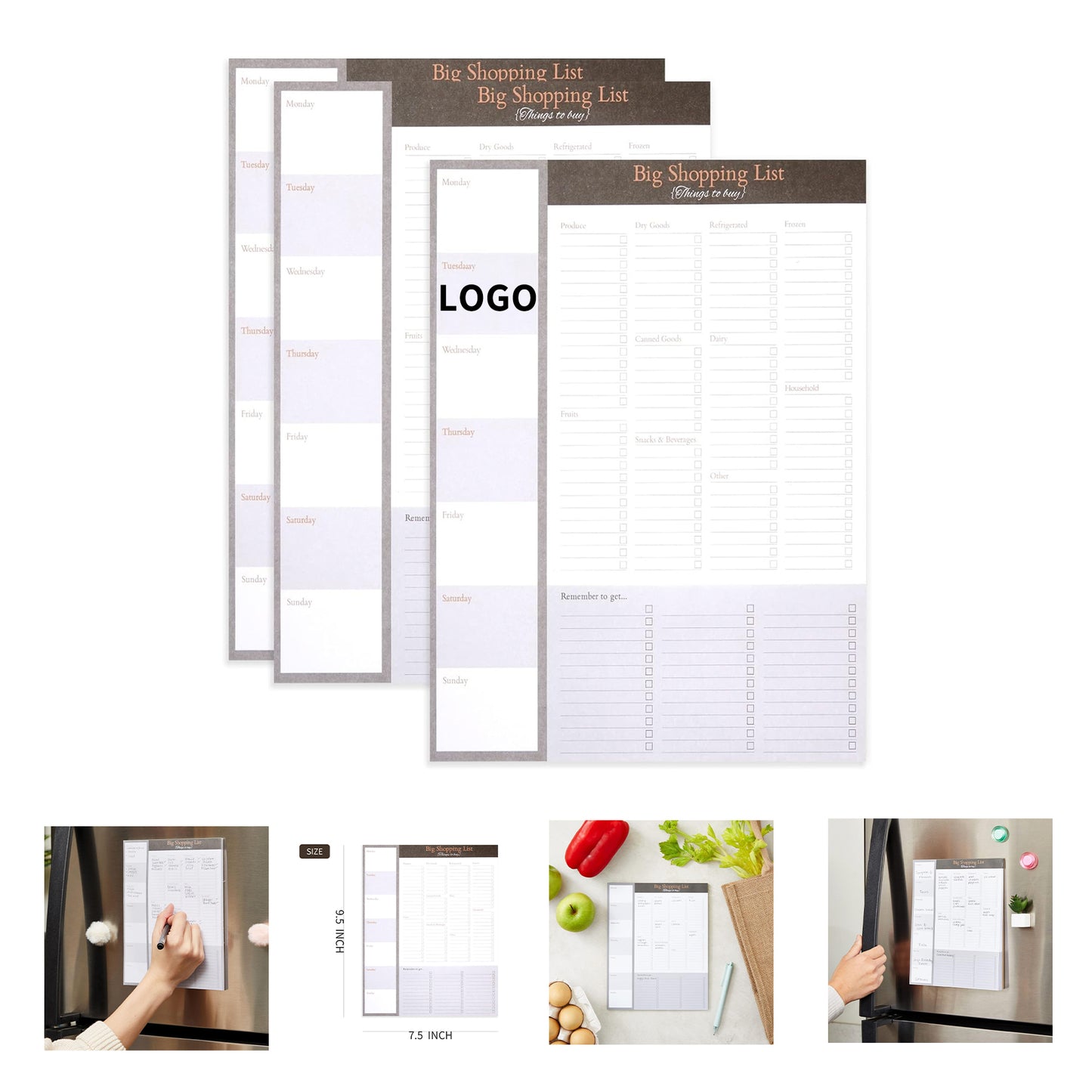 7.5 x 9.5 inches 52 Sheets Large Magnetic Shopping List Pad For Fridge with Checklist - Black