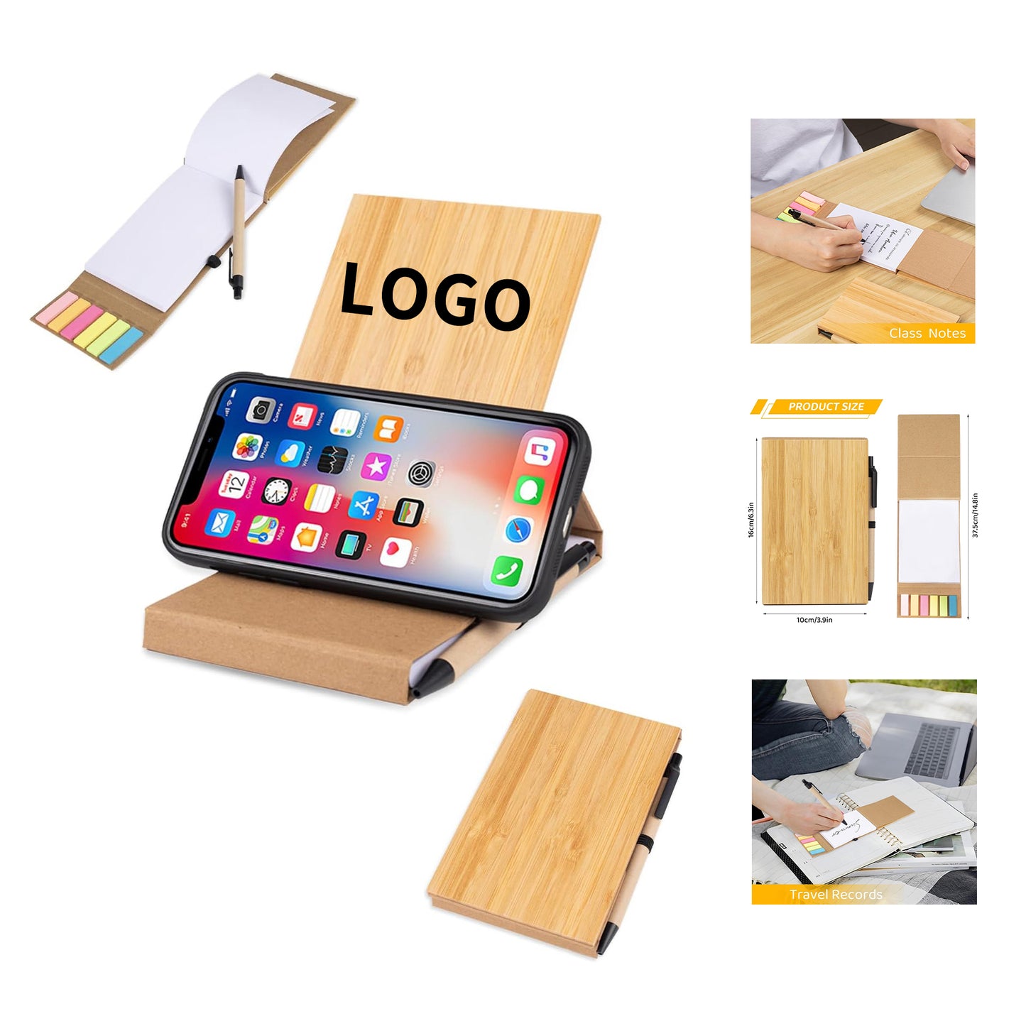 6 Inches Mini Bamboo Cover Journals Notebook with Holding Cell Phone Stand - Kraft