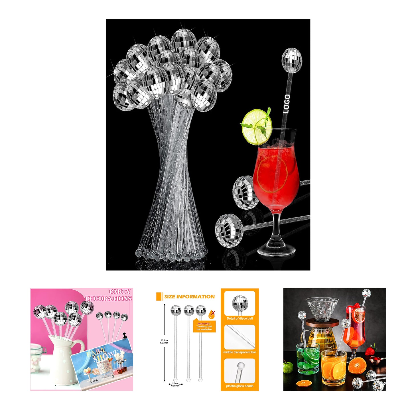 Disco Balls Cocktail Stirrers Plastic Round Top Swizzle Stick - Silver