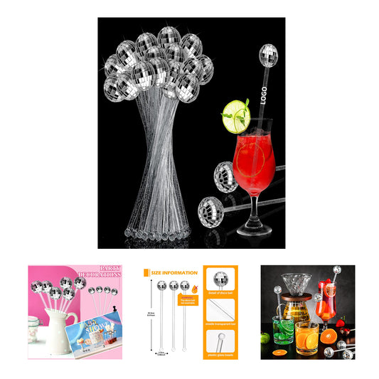 Disco Balls Cocktail Stirrers Plastic Round Top Swizzle Stick - Silver