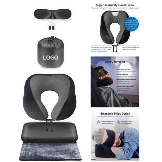 Ergonomic Airplane Neck Pillow 100% Pure Memory Foam Sleep Mask and Super Soft Fleece Blanket Set - Black