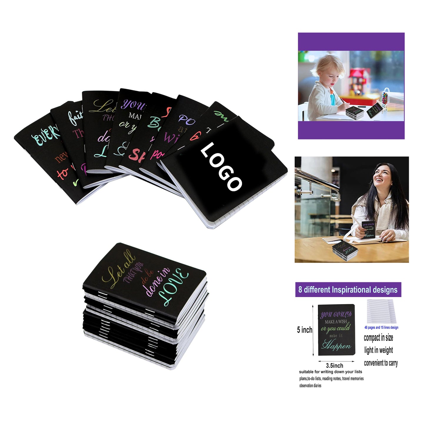 3.5 x 5 inches 48 Pages 24 Sheets Mini Notepads Black Inspirational Pocket Notebooks - Black