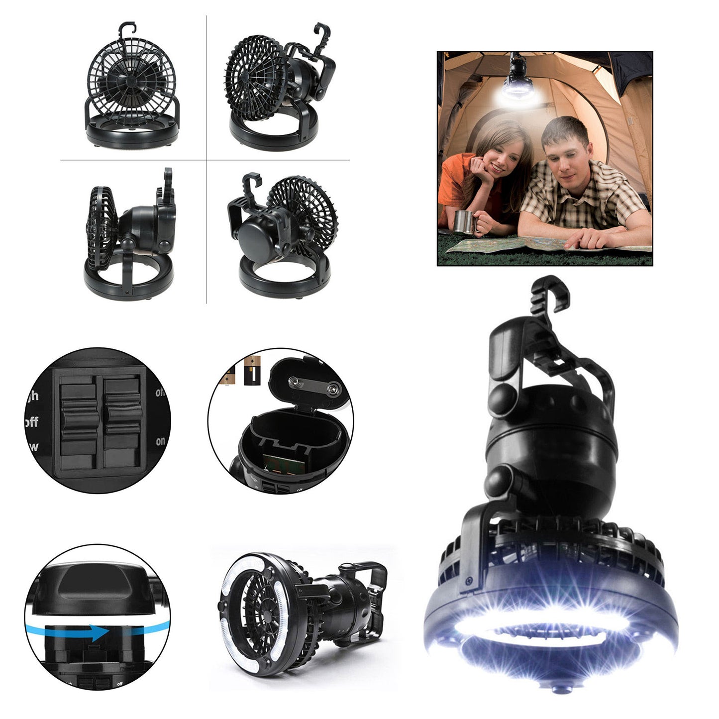 Portable Camping Fan with LED Lantern - Black