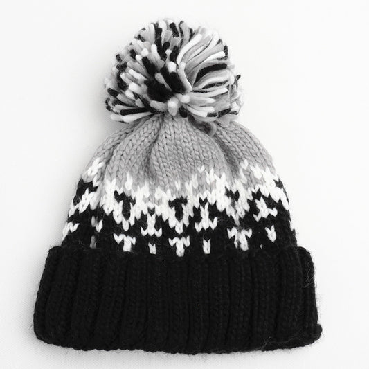 Two-tone Knit Pom Beanie With Cuff - Black Gray