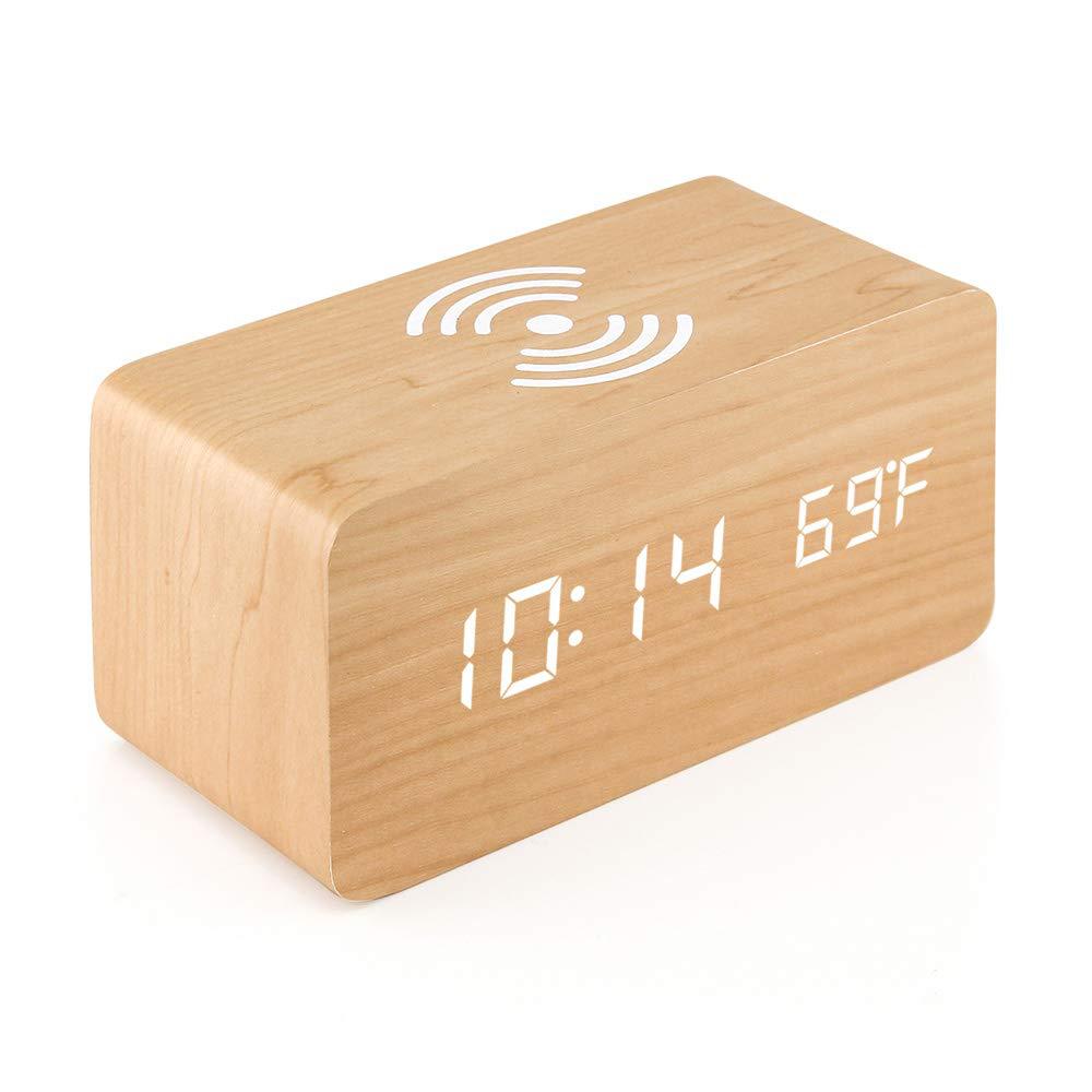 Digital Wooden Alarm Clock with Wireless Charging Station LED Clocks for Bedroom, Bedside