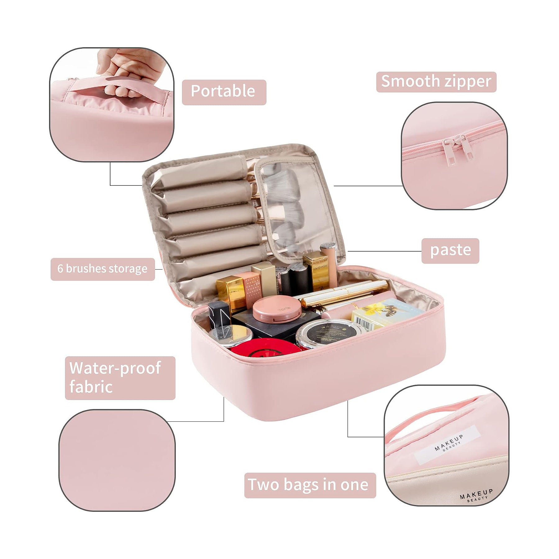 Waterproof Large Capacity Makeup Organizer Bag with Detachable Cosmetic Pouch image 2