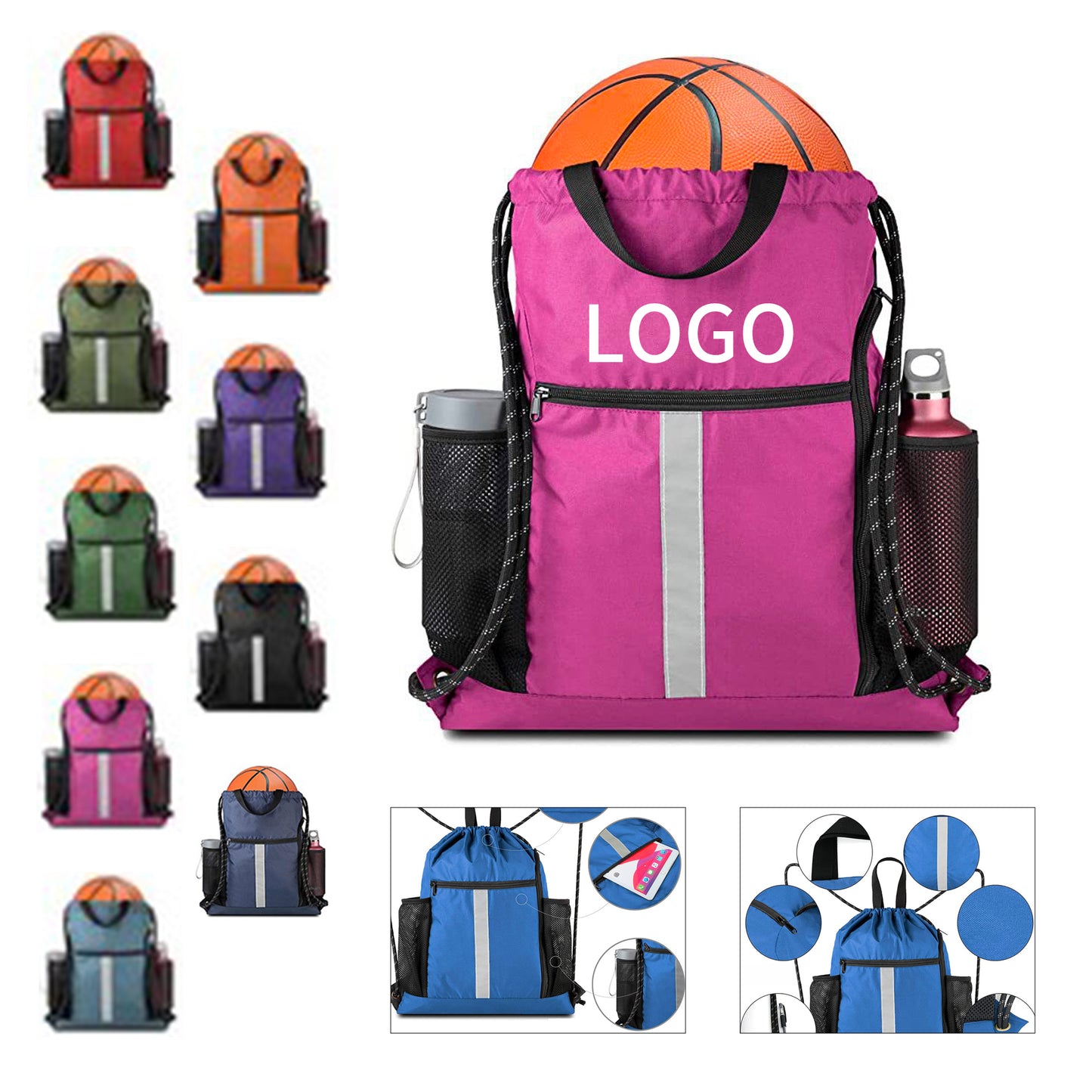 Reflective Drawstring Sports Backpack with Bottle Holder image 0