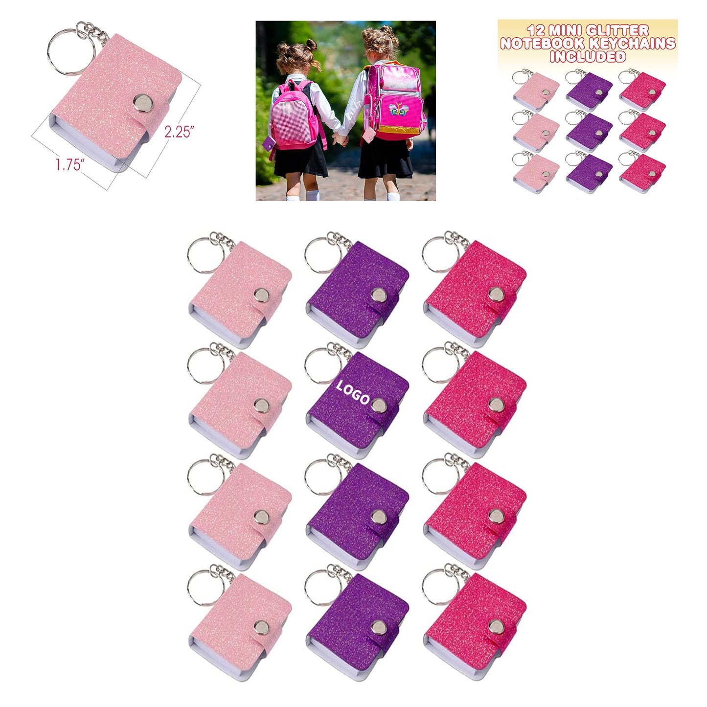 2.25" Tall x 1.75" 100 Unlined Pages Wide Mini Glitter Notebook Keychains image 0