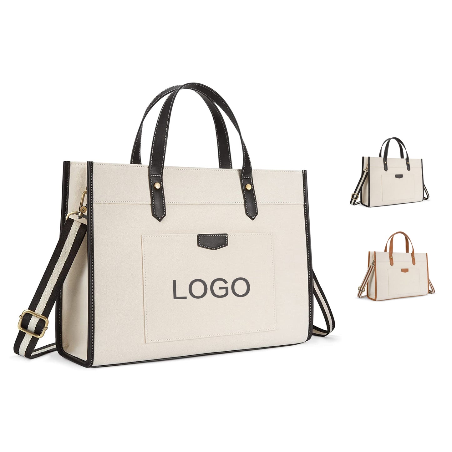 Chic Canvas Laptop Tote with PU Trim: Spacious &amp; Organized for Work and Travel