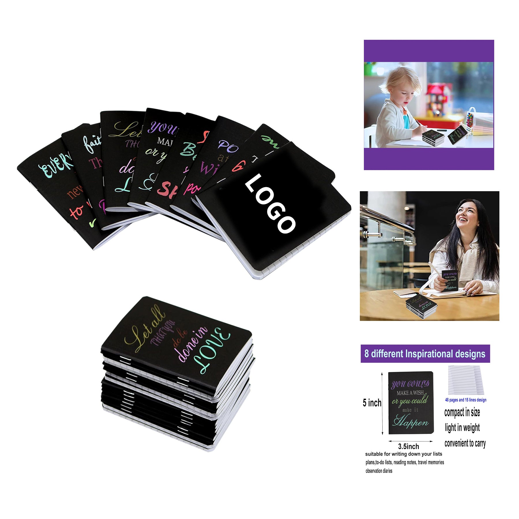 3.5 x 5 inches 48 Pages 24 Sheets Mini Notepads Black Inspirational Pocket Notebooks image 1