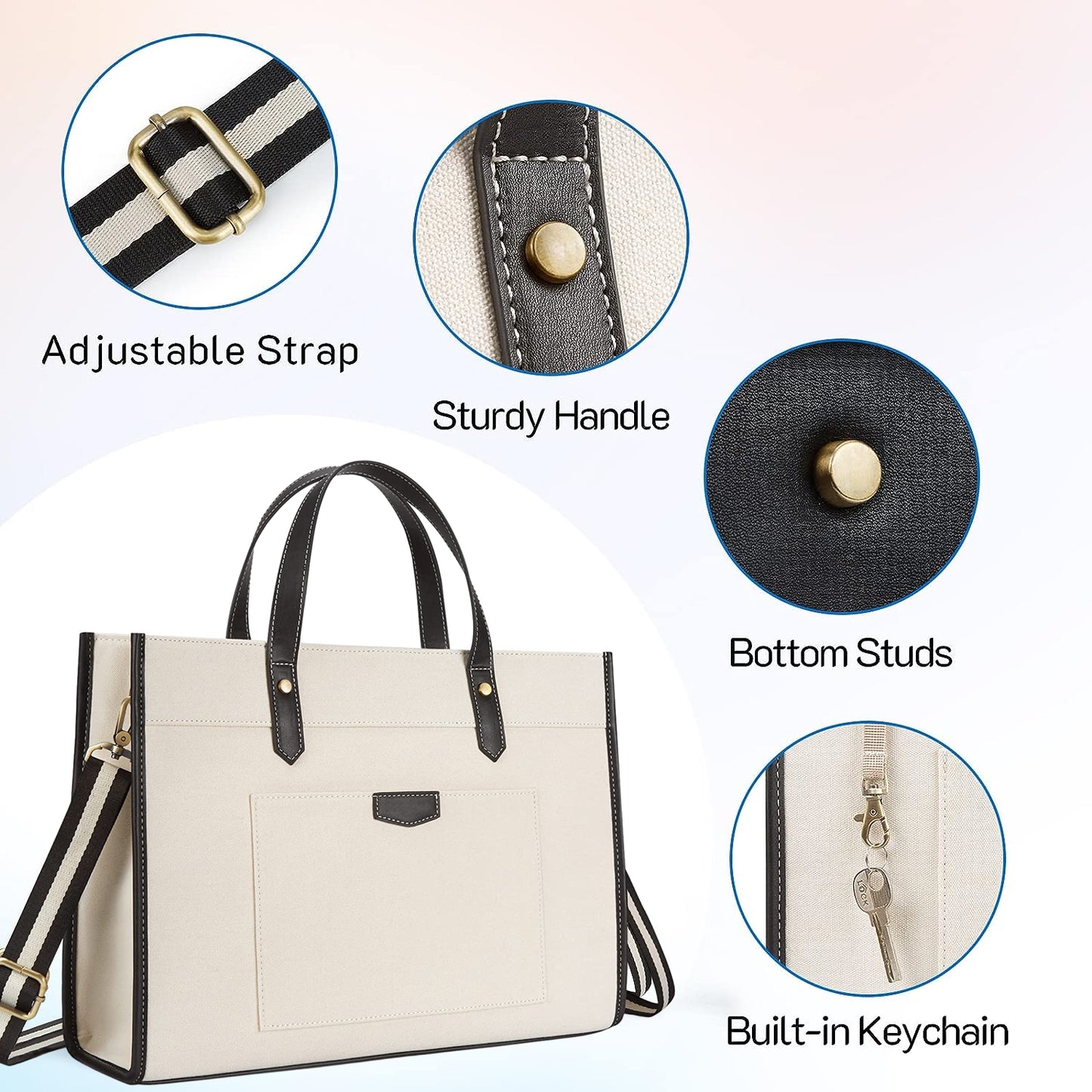 Chic Canvas Laptop Tote with PU Trim: Spacious &amp; Organized for Work and Travel