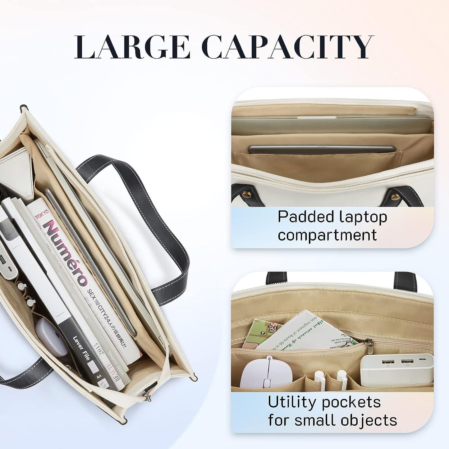 Chic Canvas Laptop Tote with PU Trim: Spacious &amp; Organized for Work and Travel