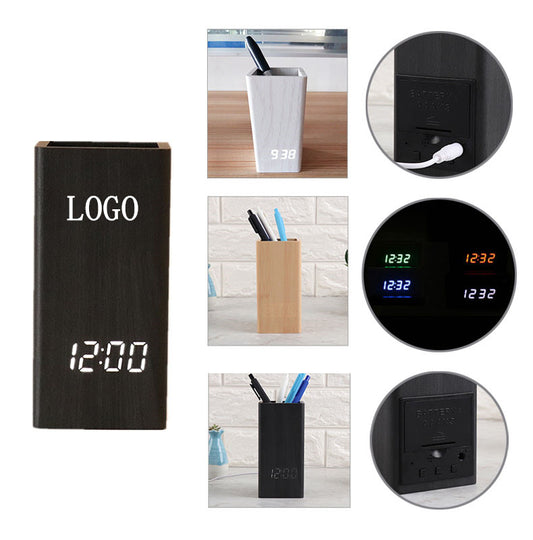 Wooden Pen Holder Alarm Clock - Wood Brown