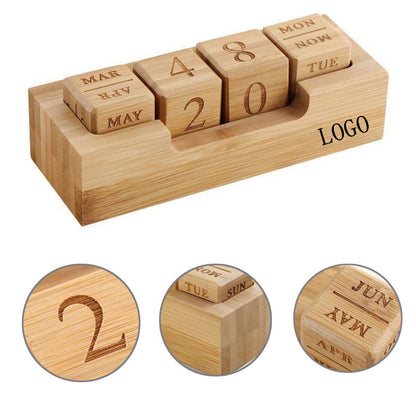 Bamboo Wood Calendar Blocks on Tray - Wood Brown