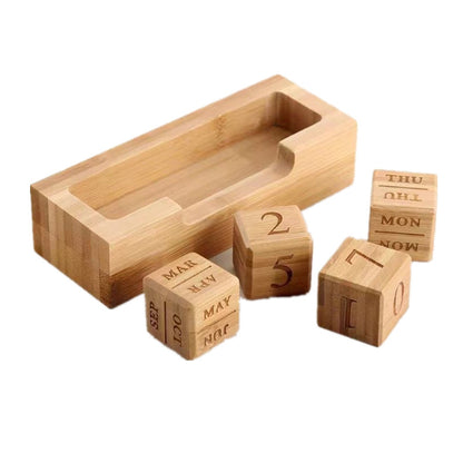 Bamboo Wood Calendar Blocks on Tray - Wood Brown