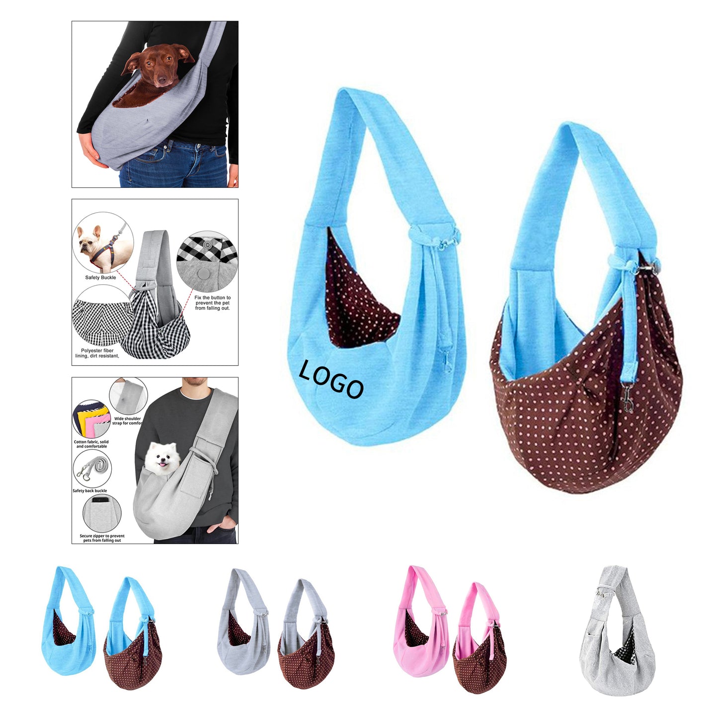 Cozy Pet Sling Bag for Travel, Polka-Dot Interior, Adjustable Strap