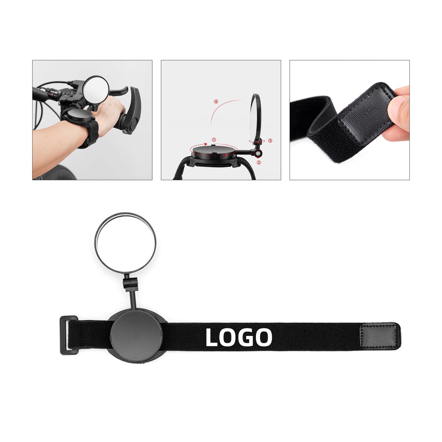 360-Degree Rotatable Wristband Rearview Mirror for Bicycles and Mountain Bikes - Black