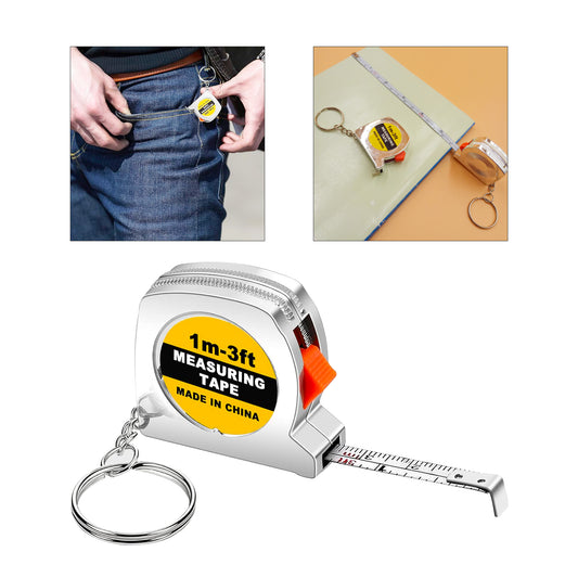 Chrome Finish Mini Measuring Tape Keychain with Brake, 1m/3ft Ruler - Silver