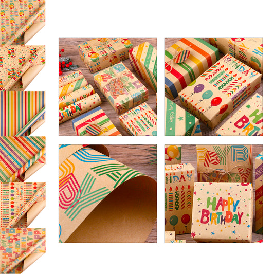 Vintage-Thickened Kraft Birthday Gift Wrapping Paper with Balloon Design - Red/Yellow/Blue/Green