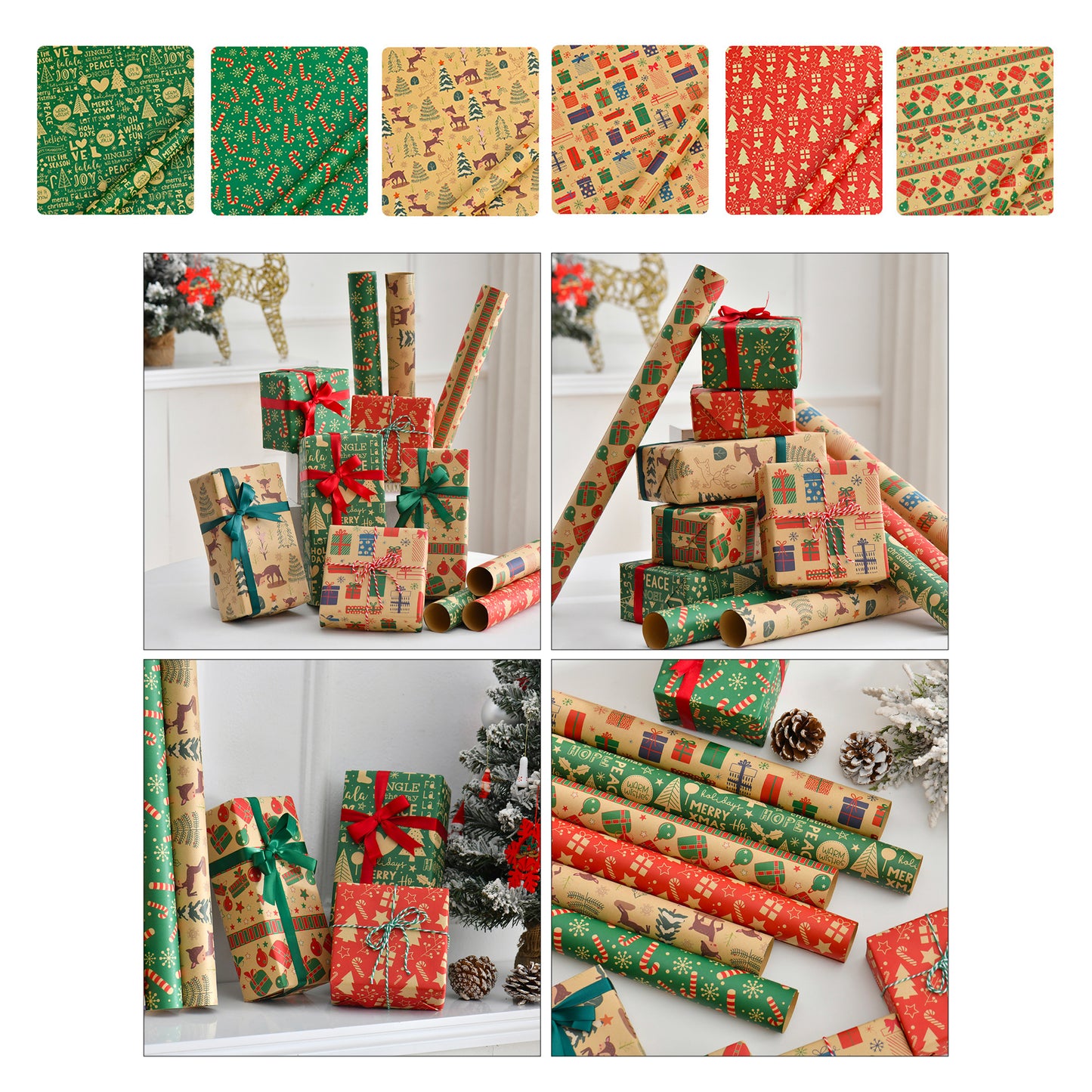 Vintage Christmas Kraft Wrapping Paper with Santa and Tree Designs - Red/Green/Beige/Brown/ White