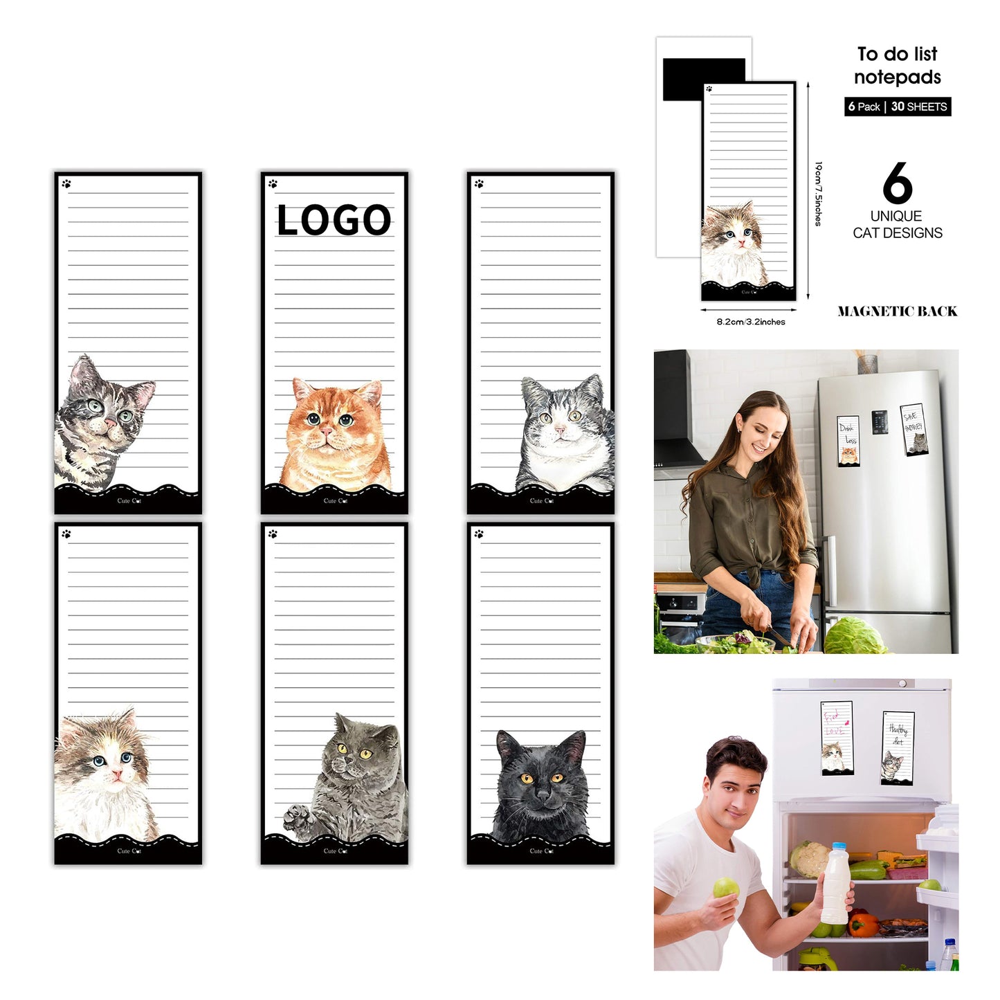7.5 x 3.2 Inch 30 Sheets Cat Magnetic Notepad Magnet Back-Memo Pad Reminders Notepad - Black