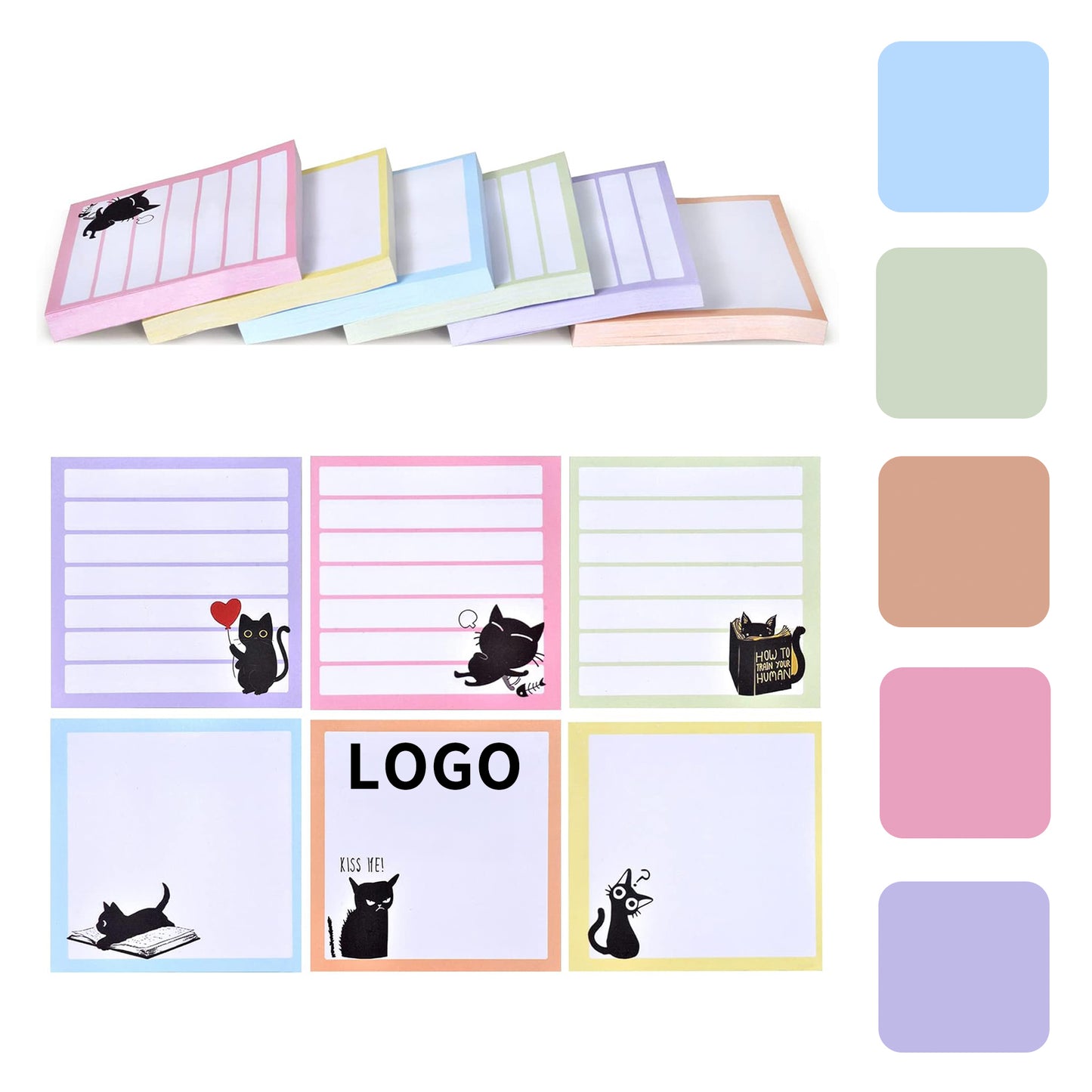 3 x 3 Inches 80 Sheets Funny Black Cat Notepad for Cat Lover Gift - White