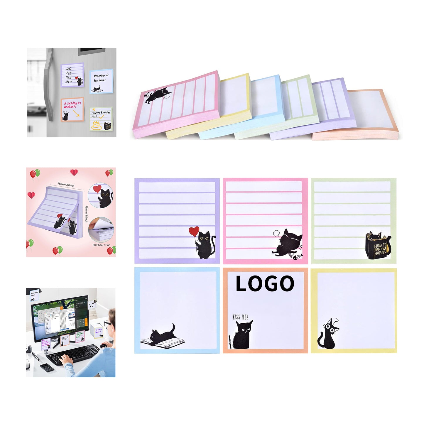 3 x 3 Inches 80 Sheets Funny Black Cat Notepad for Cat Lover Gift - White