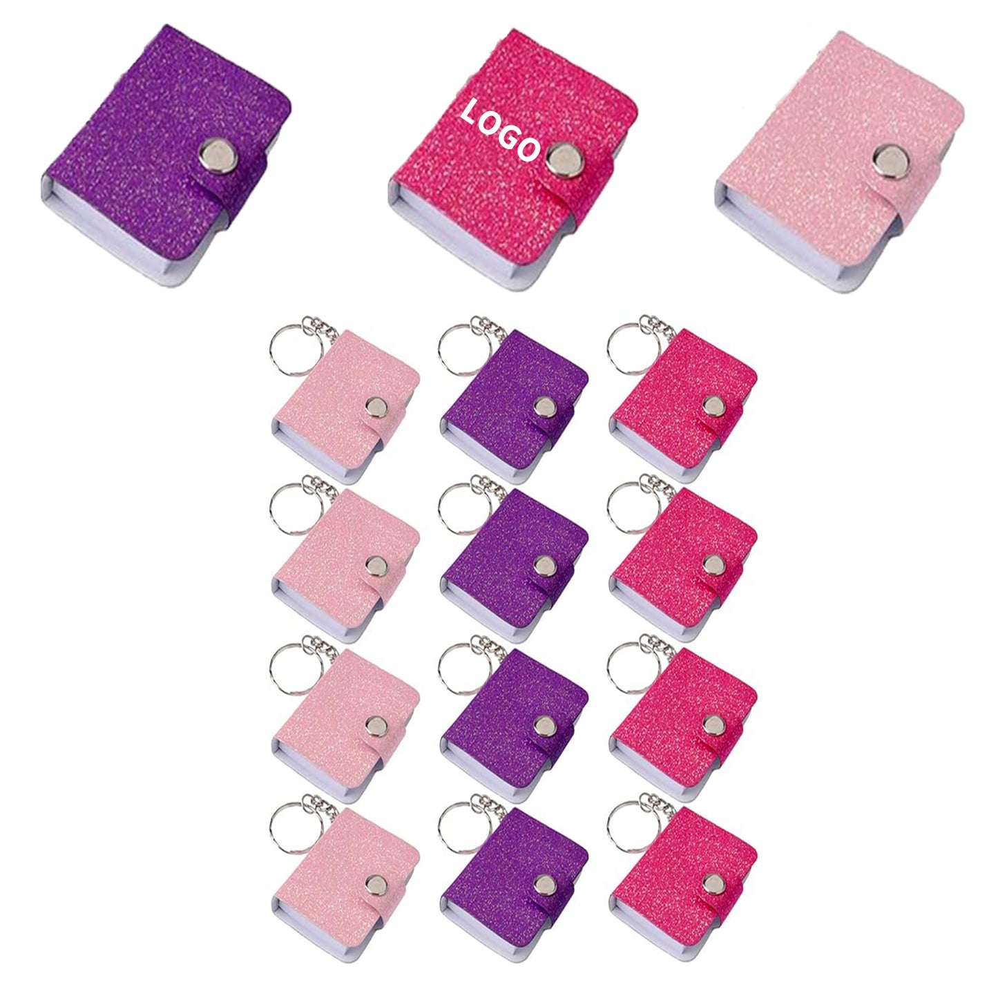 2.25" Tall x 1.75" 100 Unlined Pages Wide Mini Glitter Notebook Keychains - Purple. Red