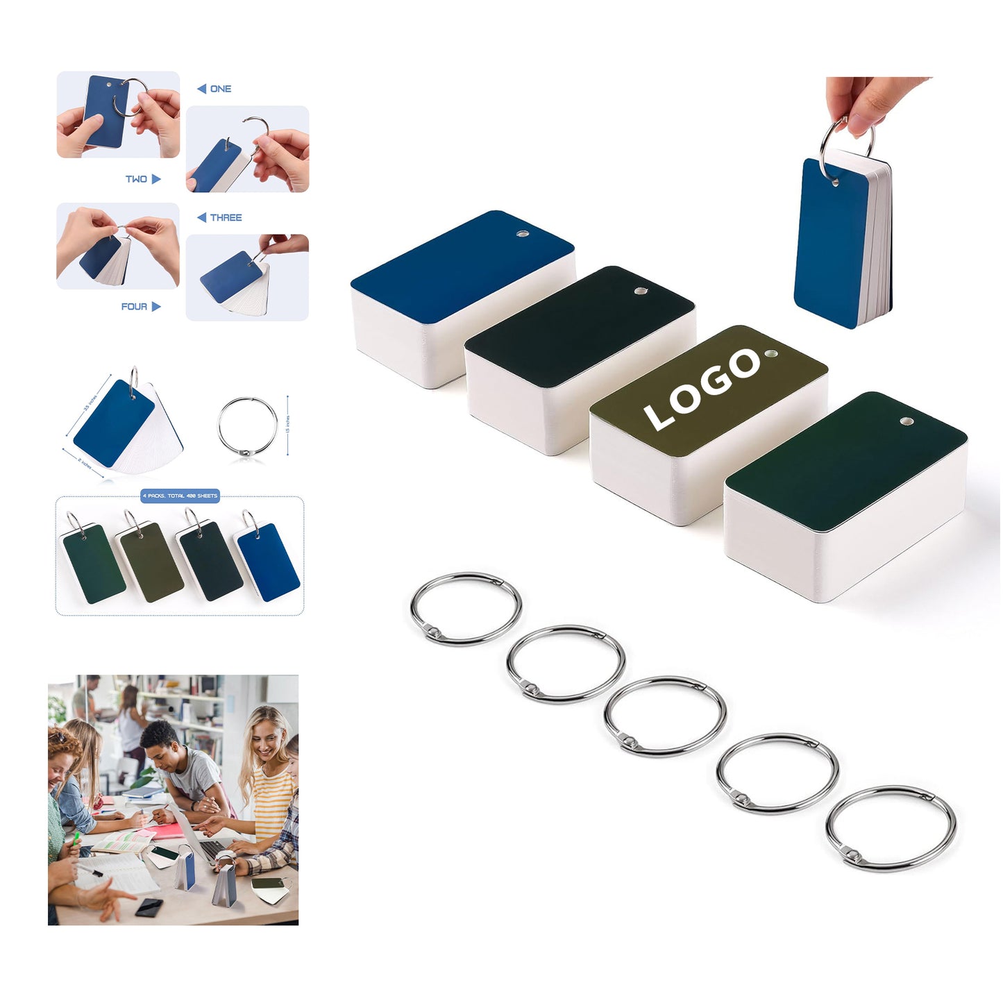 2 x 3.5 Inches 100 Sheets Blank Flash Card Index Card with Binder Ring - Navy