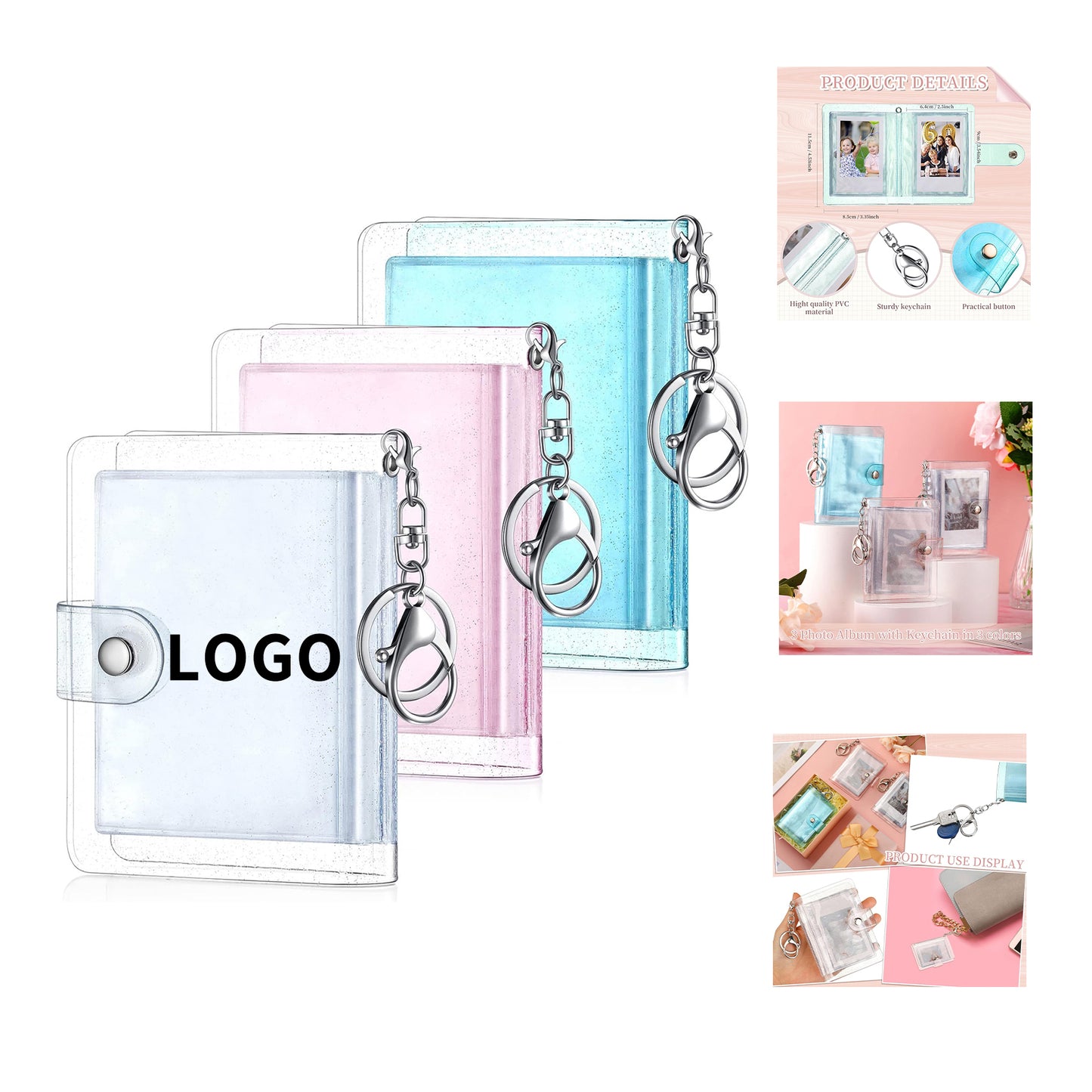 3 Inch Mini Small Photo Album Transparent Kpop Photocard Binder 32 Pockets Album with Keychain - Clear