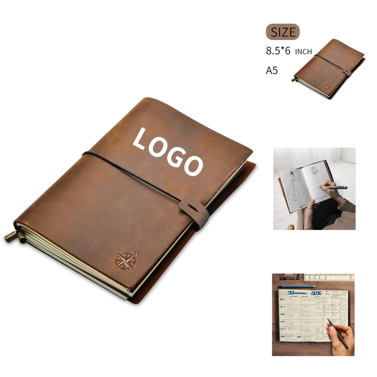 8.5" x 6" A5 Leather Travelers Notebook A5 Refillable Travelers Journal - Brown