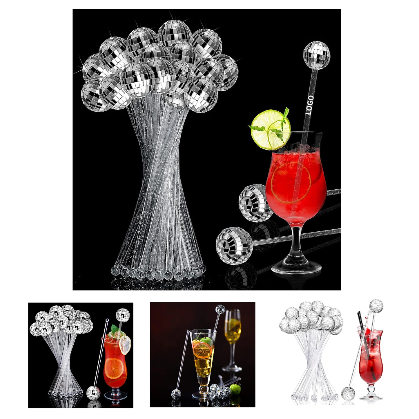 Disco Balls Cocktail Stirrers Plastic Round Top Swizzle Stick - Silver