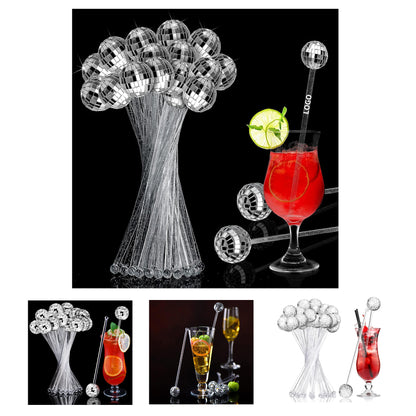 Disco Balls Cocktail Stirrers Plastic Round Top Swizzle Stick - Silver