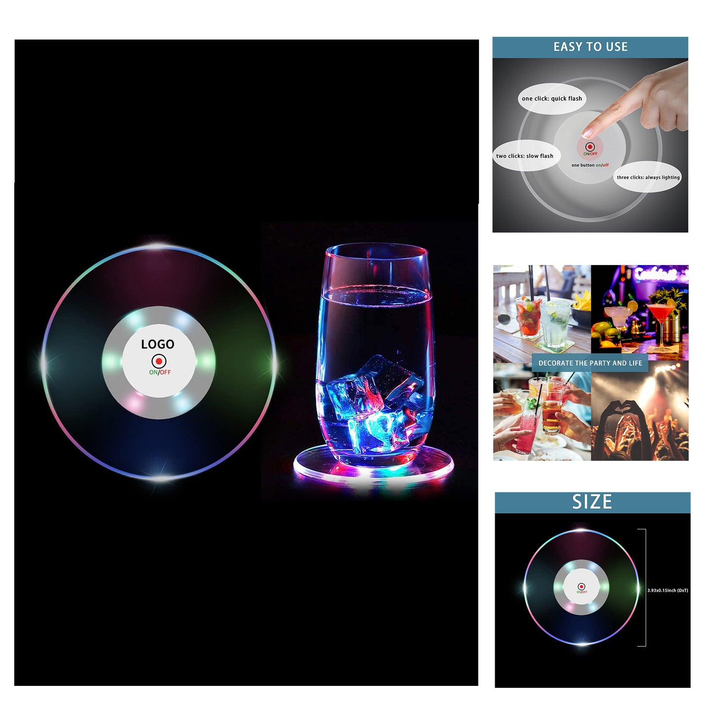 3.93 Inches Diameter 6 Colors 3 Light Modes Colorful Led Ultra-Thin Light up Drink Coaster - Transparent