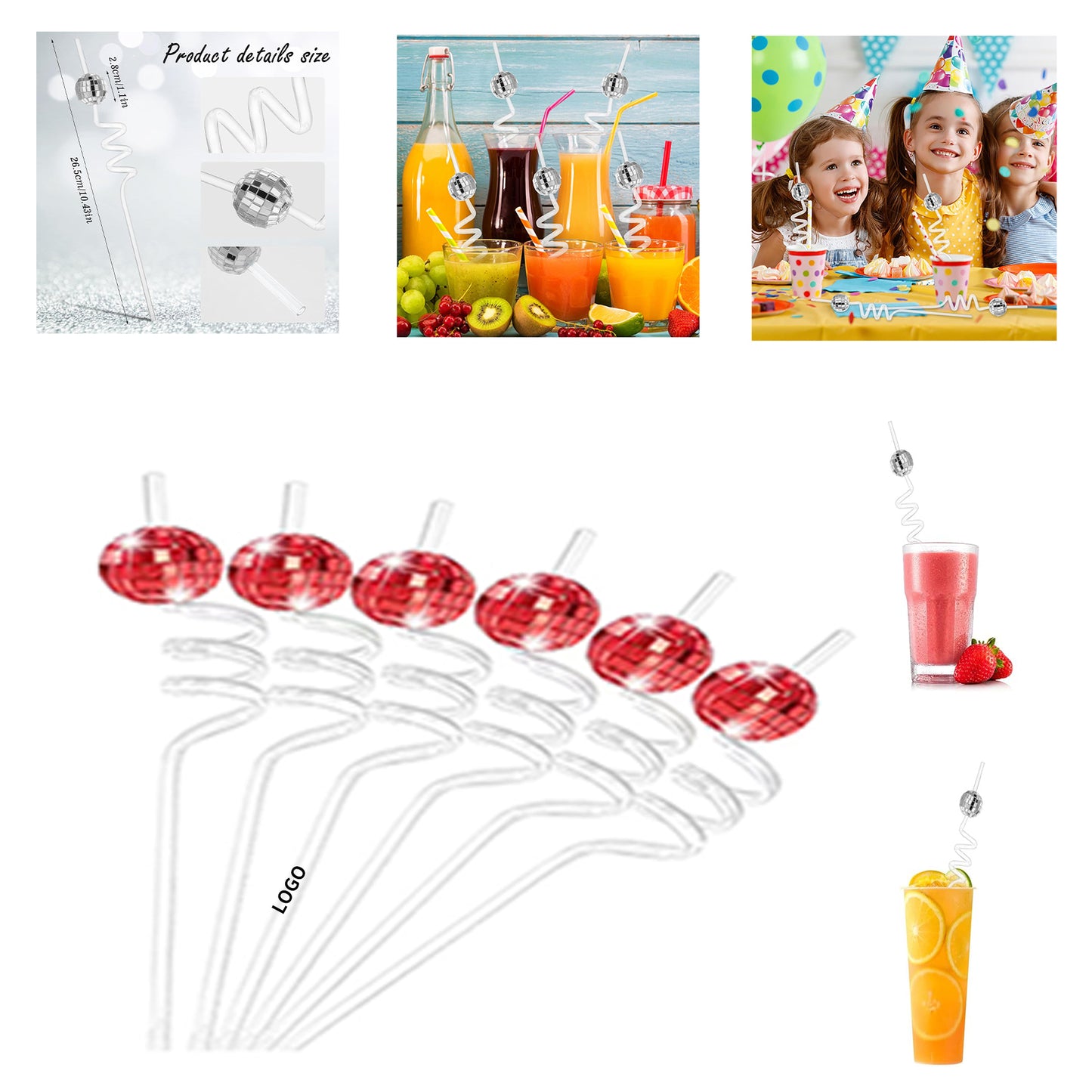 Reusable Disco Ball Plastic Straw Party Decorations Mirror Reflective Stirrer - Silver