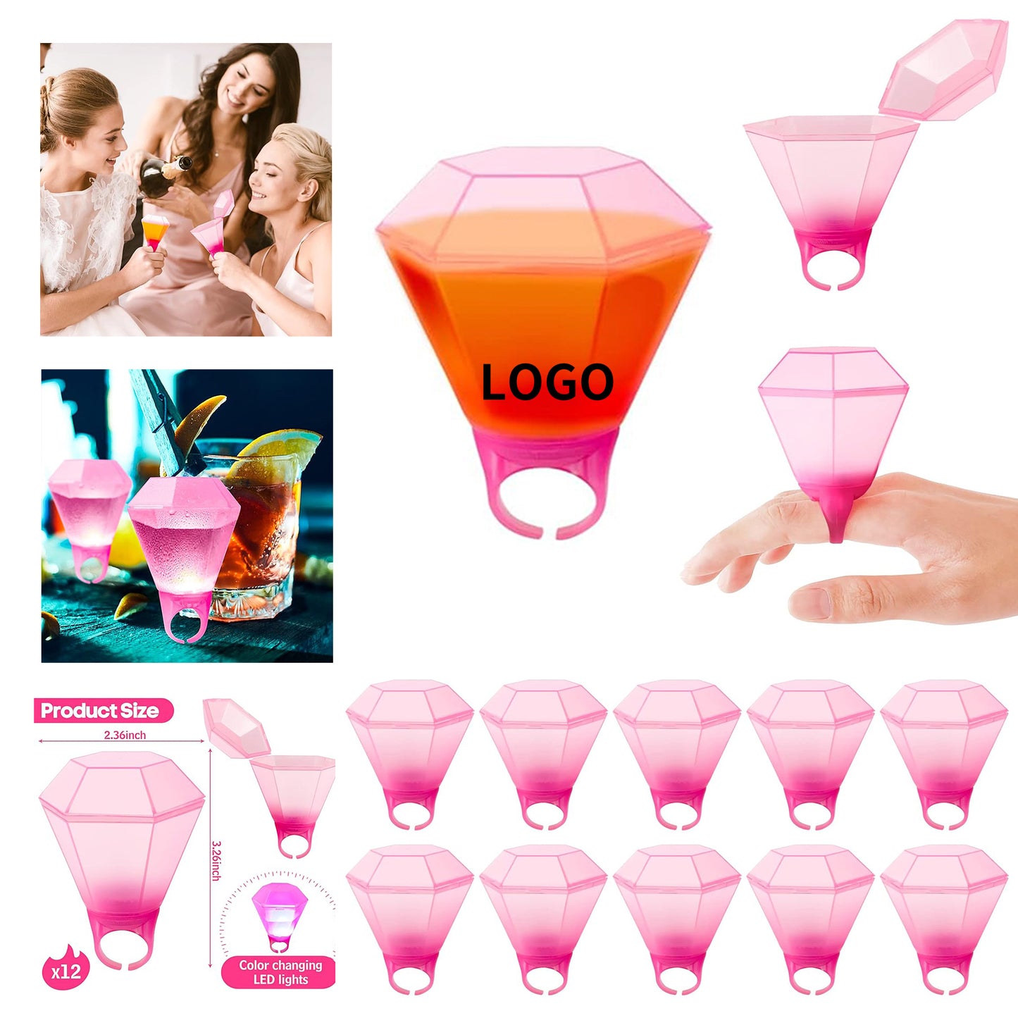 3.26" x 2.36" Plastic Wedding Ring Bachelorette Led Light up Plastic Flash Ring Shot Glass - Red