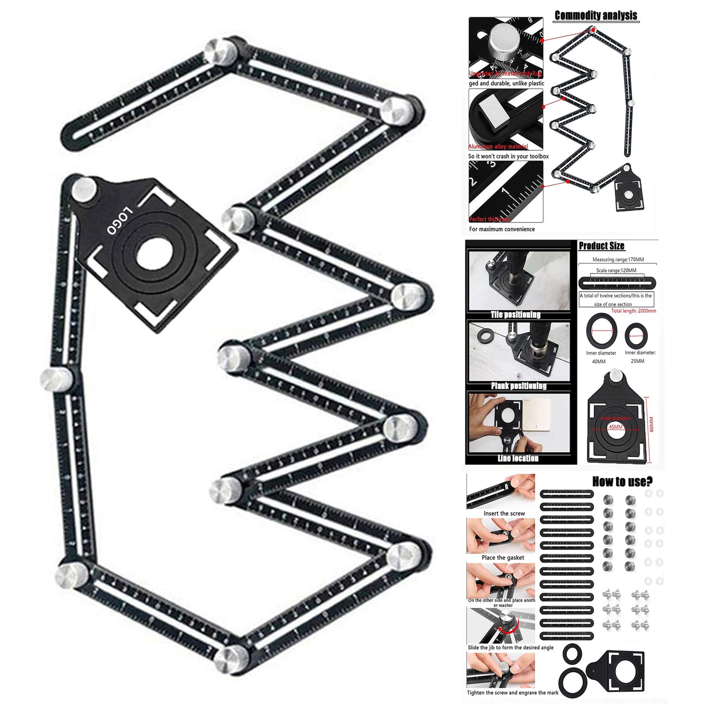 Multi-Angle Measuring Ruler Multi Angle Tool 12-Sided Angle Measurement - Black