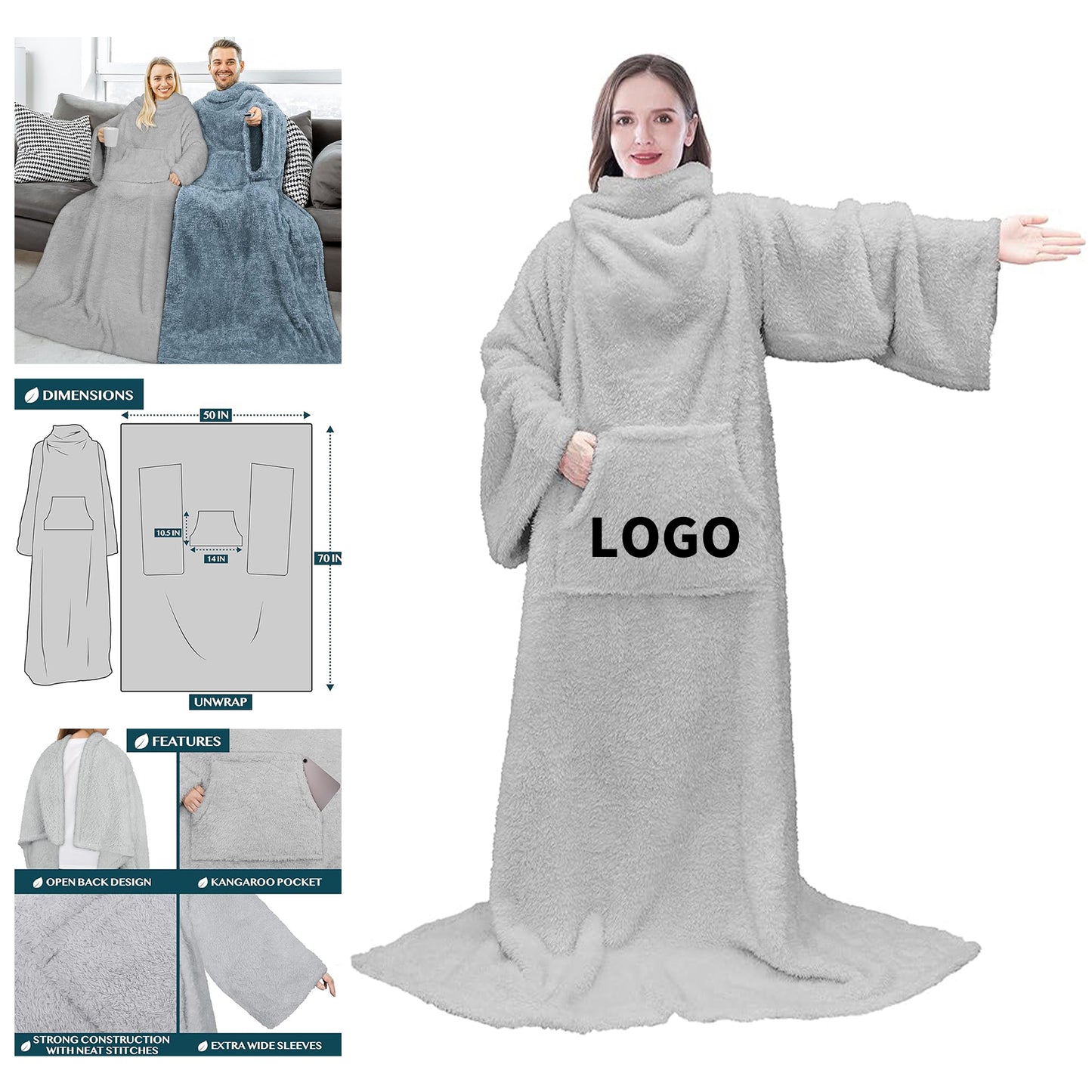 70" x 50" Fluffy Blanket with Sleeves for Women Men Adults