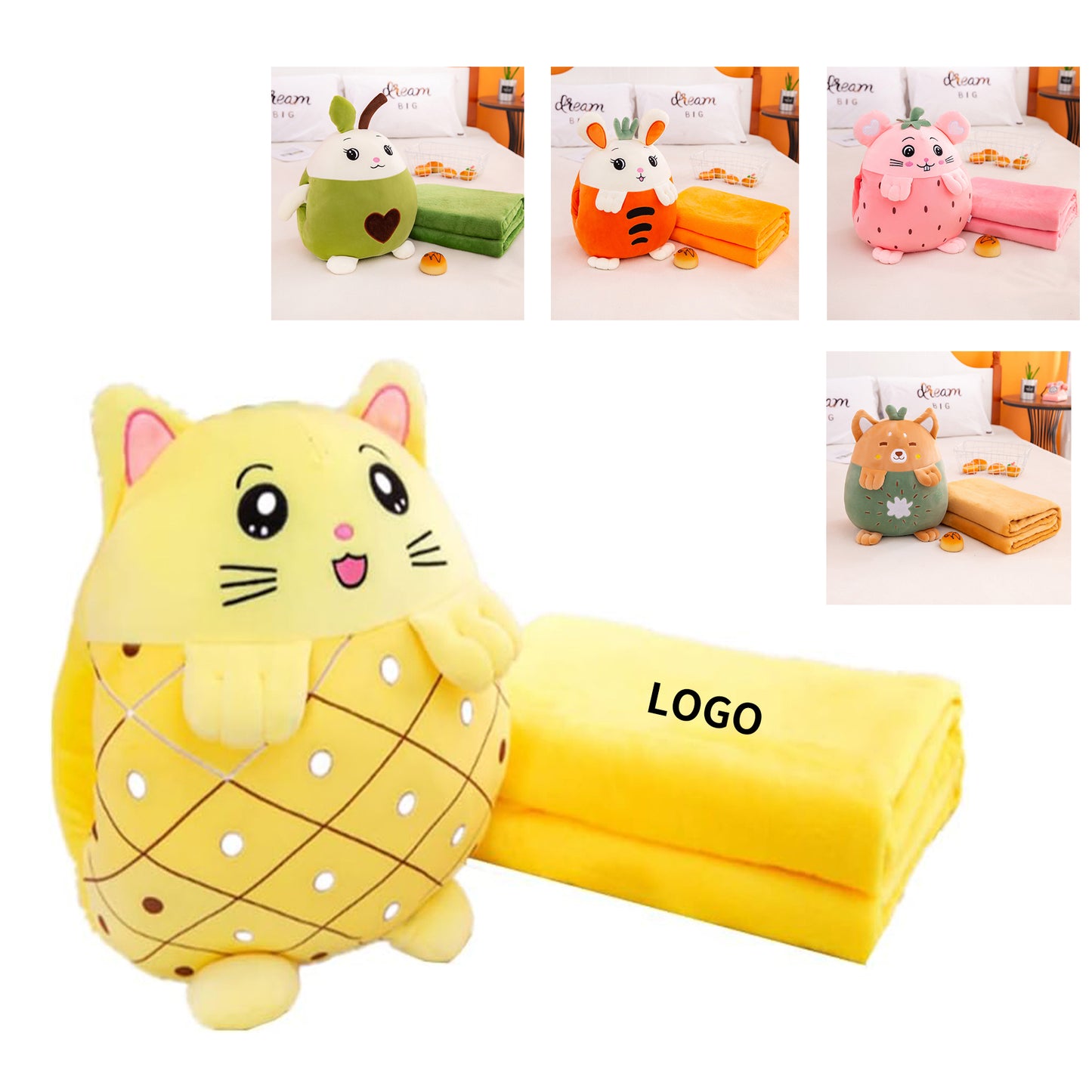 Adorable 3 in 1 Kids Stuffed Animal Travel Blanket and Pillow Set - Yellow