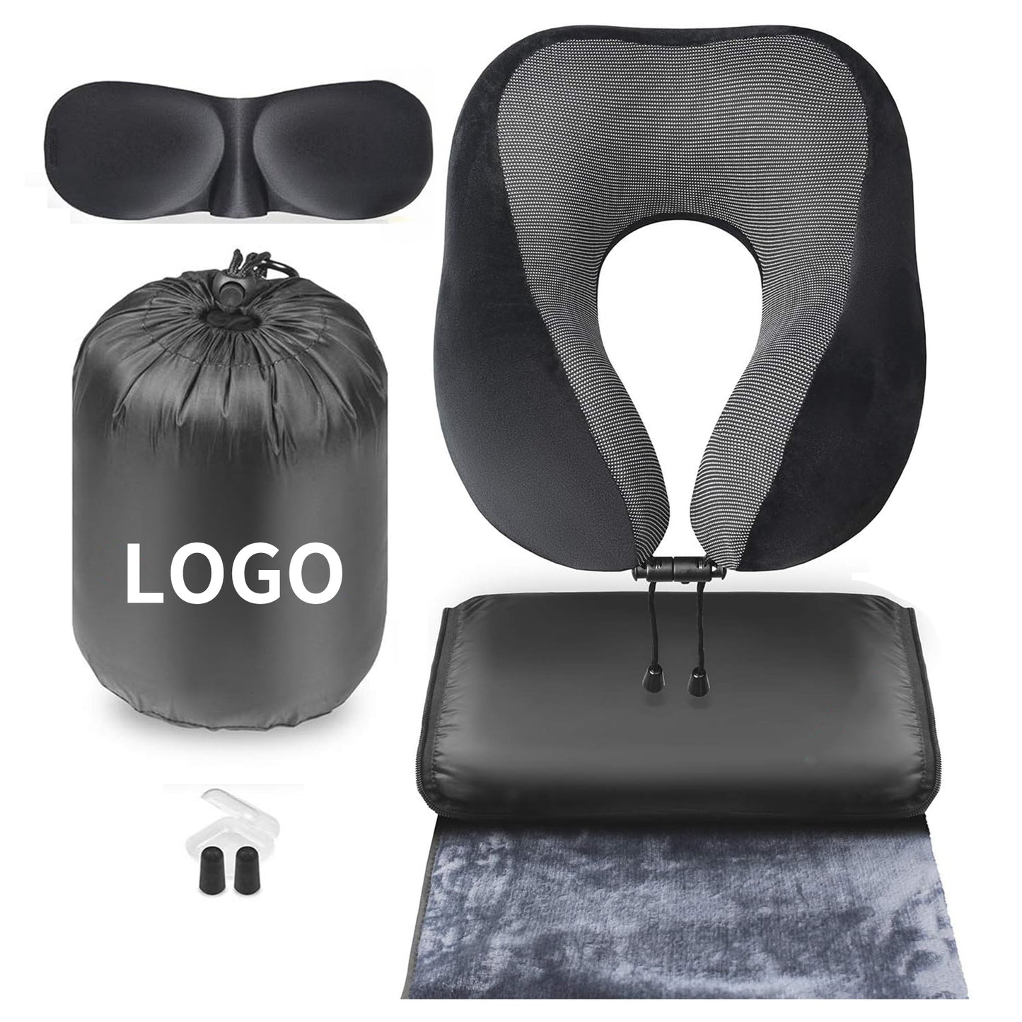 Ergonomic Airplane Neck Pillow 100% Pure Memory Foam Sleep Mask and Super Soft Fleece Blanket Set - Black