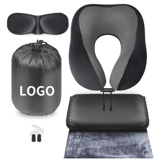 Ergonomic Airplane Neck Pillow 100% Pure Memory Foam Sleep Mask and Super Soft Fleece Blanket Set - Black