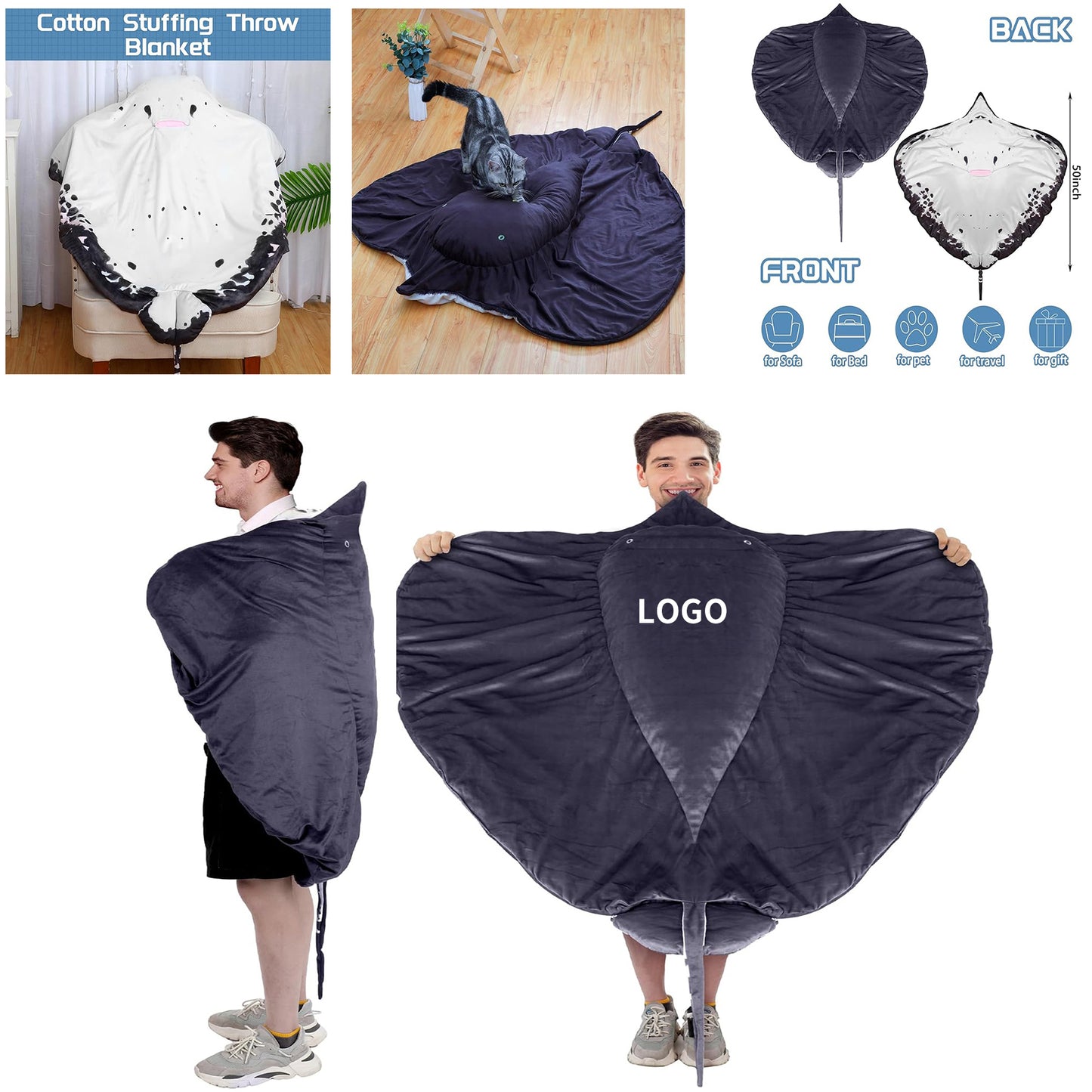 50 x 50'' Devil Fish Blanket Manta Ray Animals Blanket Soft Plush Stuffed Toy - Black