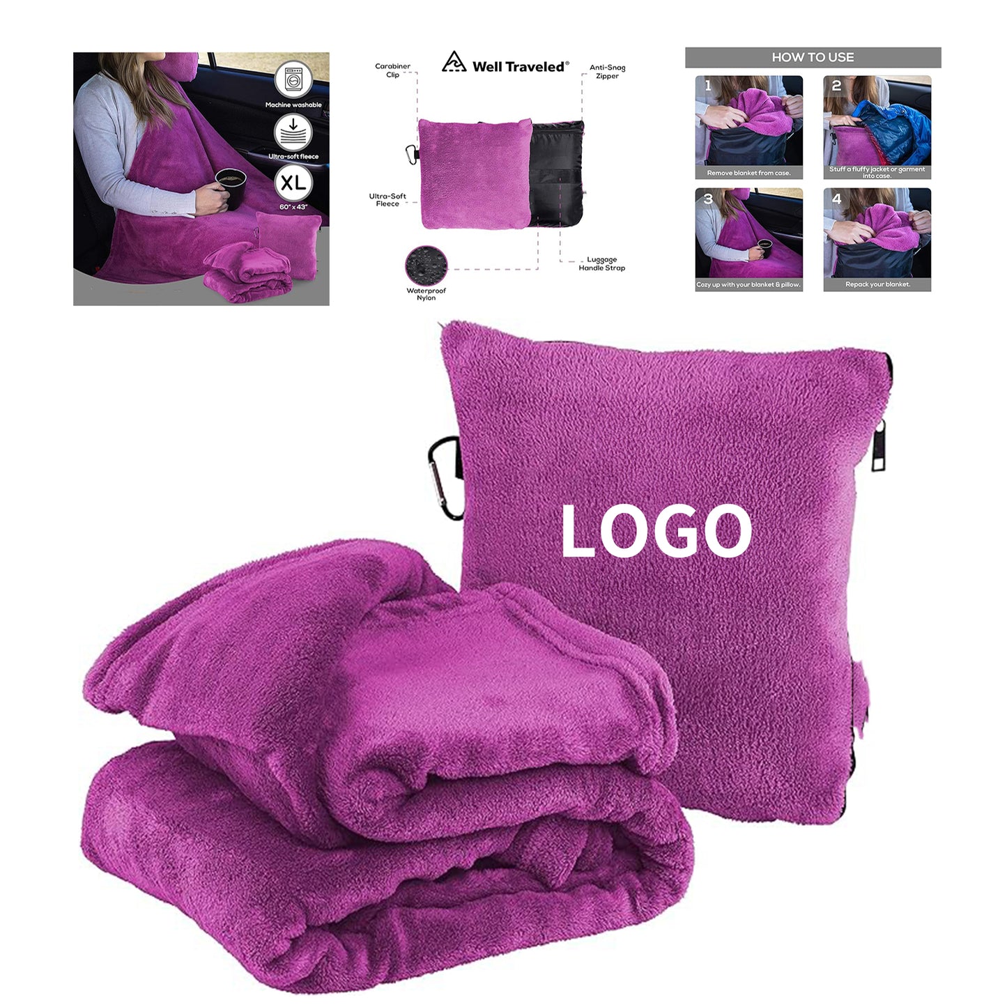 60" x 43" 2 in 1 Fleece Travel Blanket with Stuffable Pillowcase - Purple