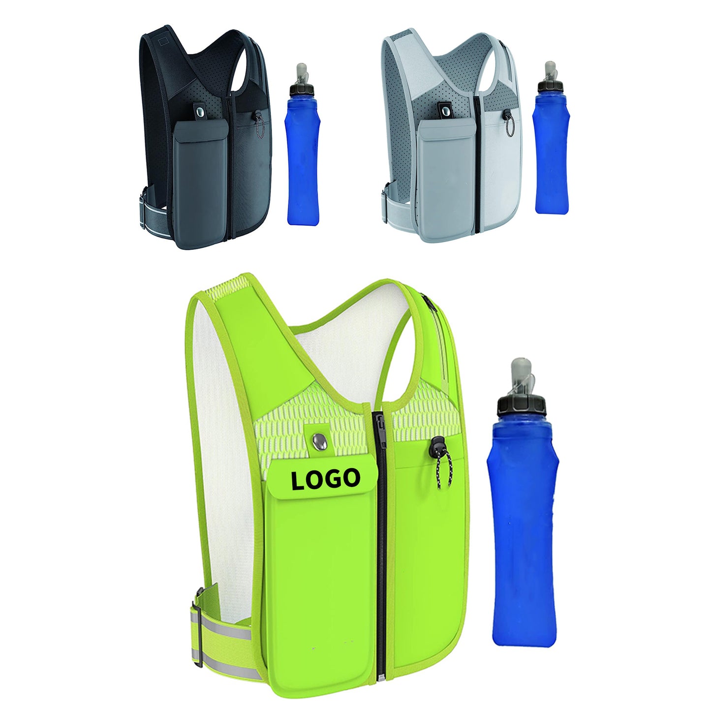 Zip Reflective Running Vests with 500ml Hydration Bottle - Gray