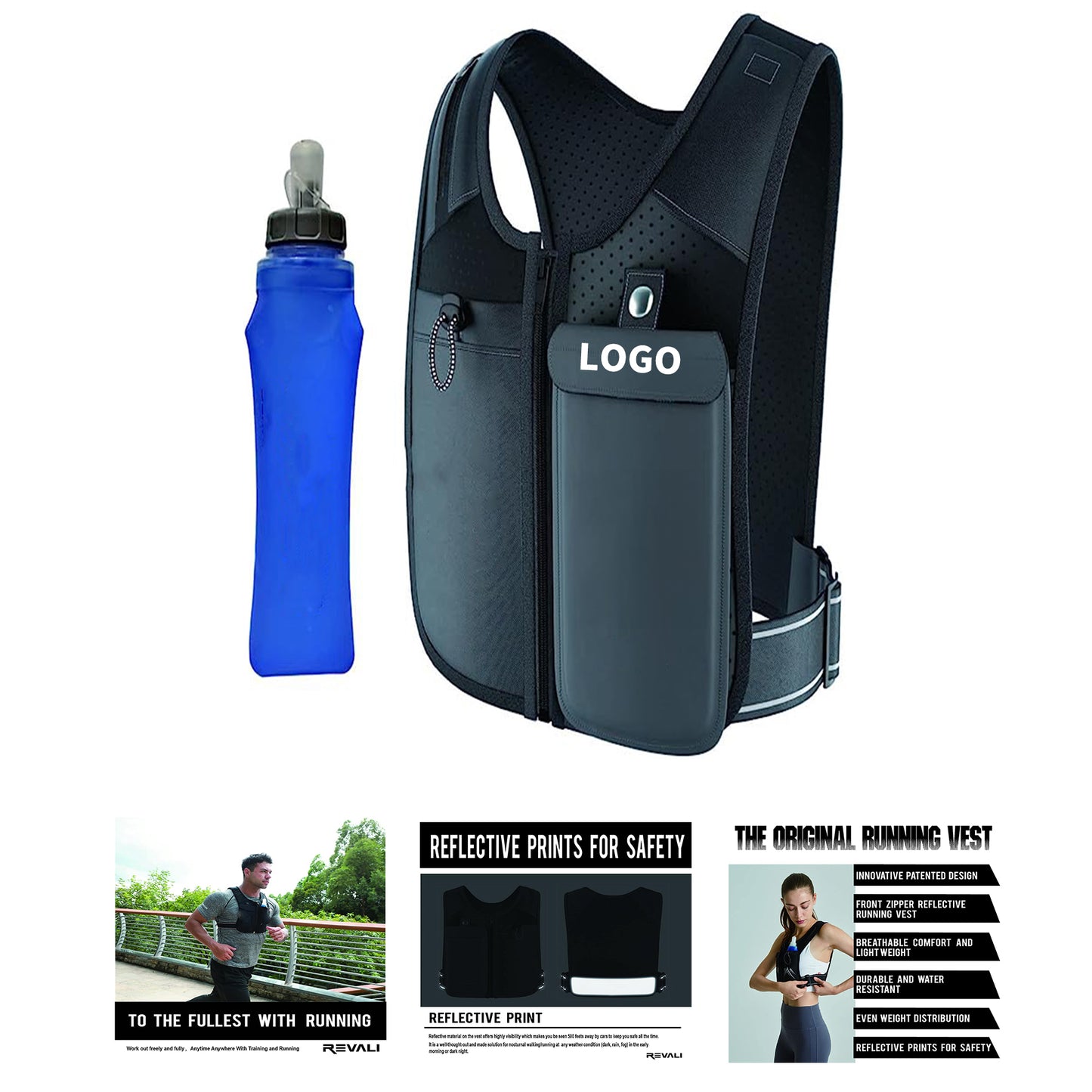 Zip Reflective Running Vests with 500ml Hydration Bottle - Gray