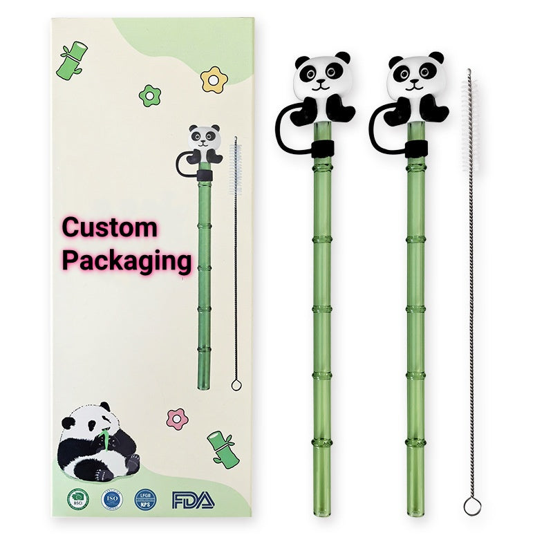 Bamboo Glass Straws Panda Cover Set - Green