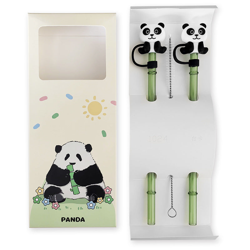 Bamboo Glass Straws Panda Cover Set - Green