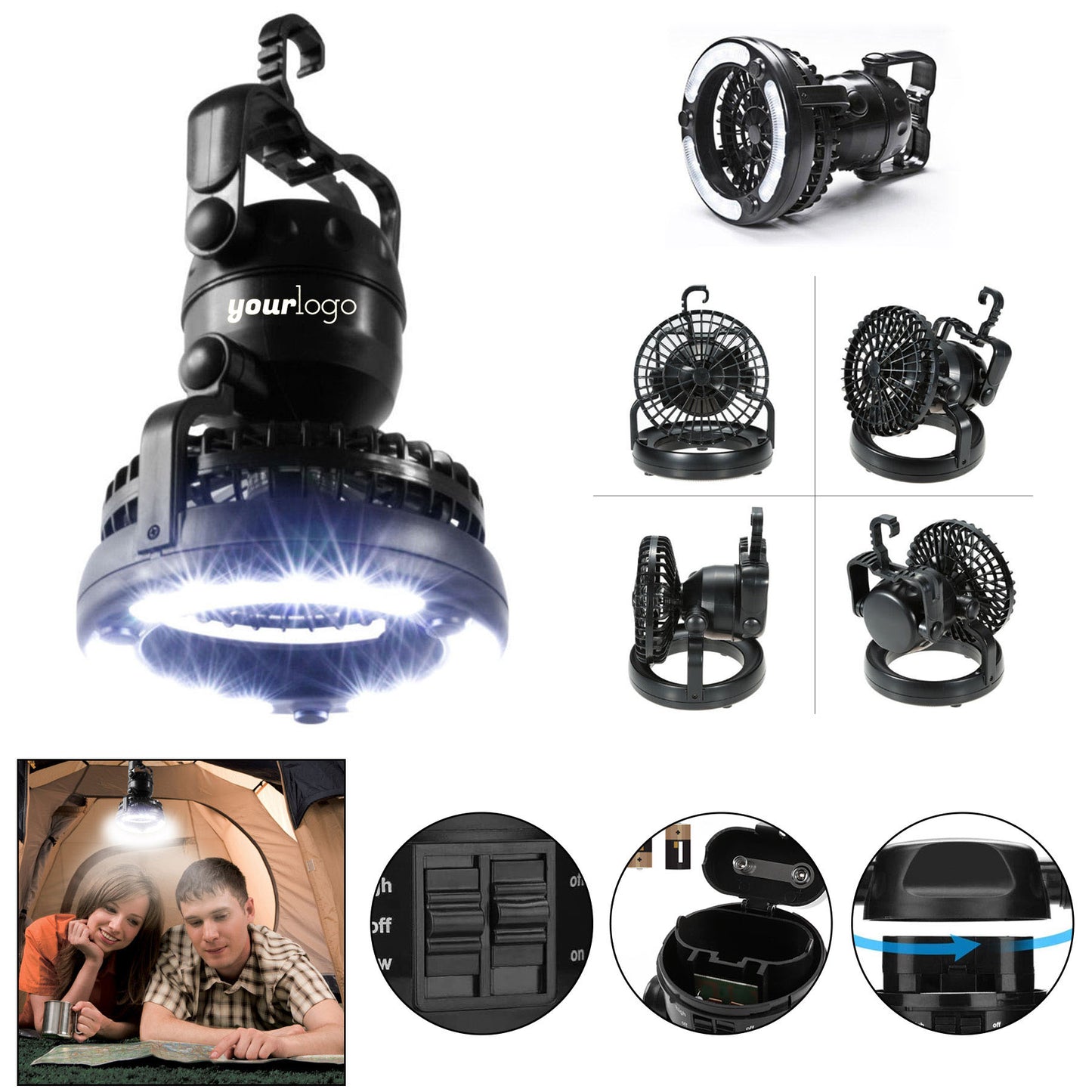 Portable Camping Fan with LED Lantern - Black